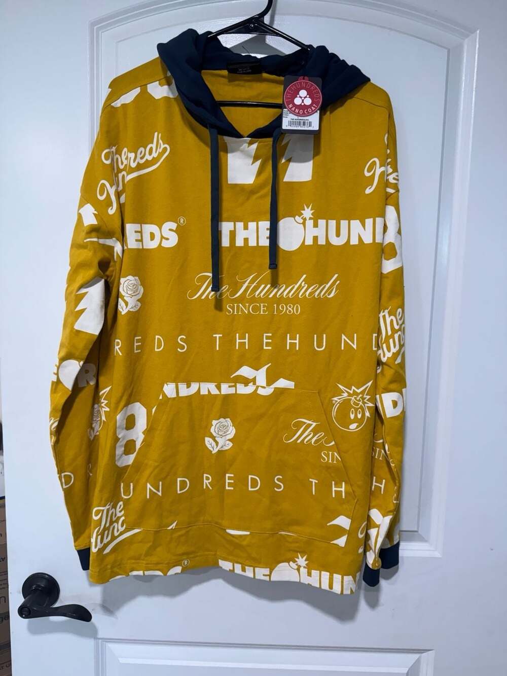 Y2K Streetwear Allover Graphic Hoodie Mustard Yellow Navy Skater Oversized Large